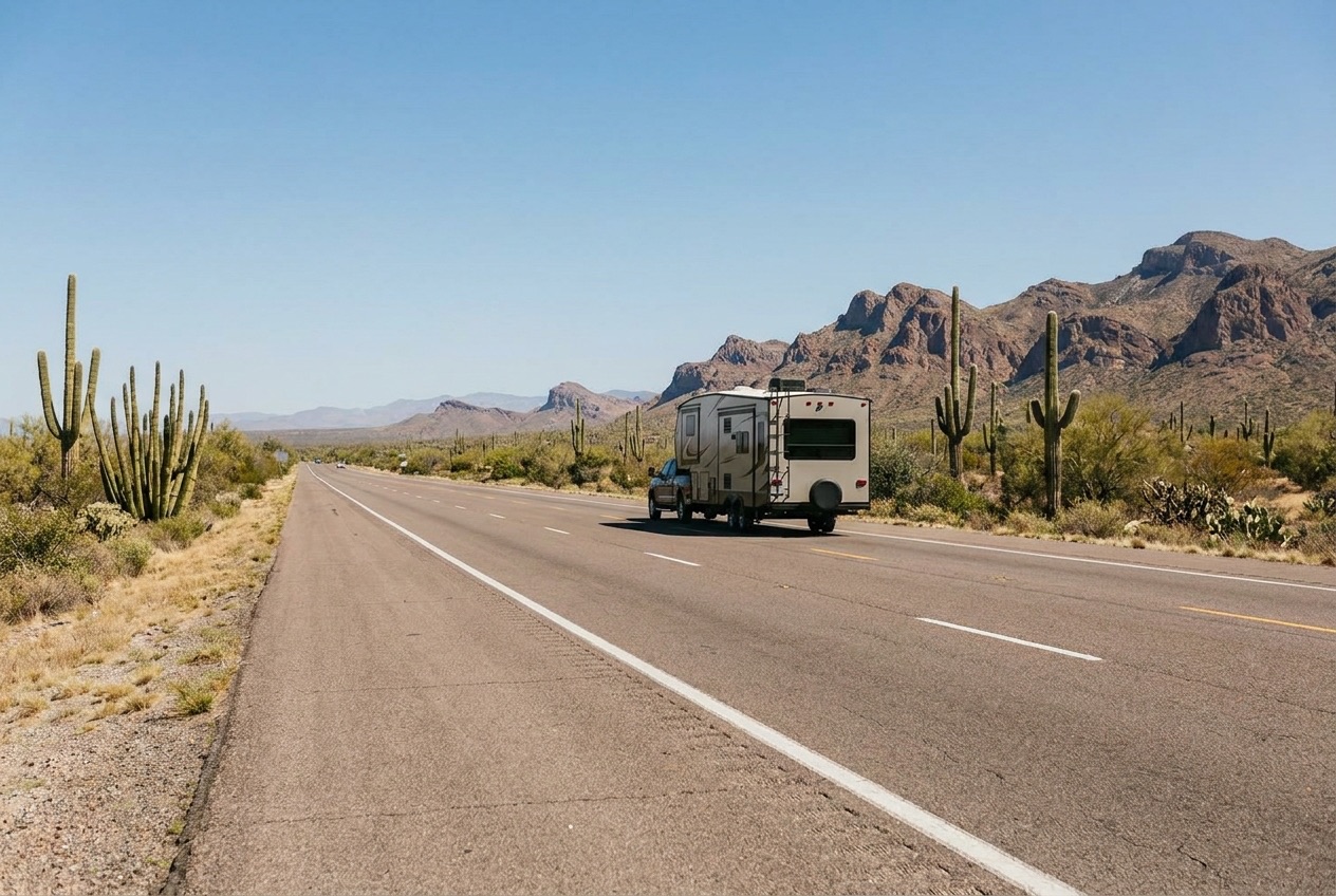 Truck and fifth-wheel trailer driving south on a Sonoran desert highway